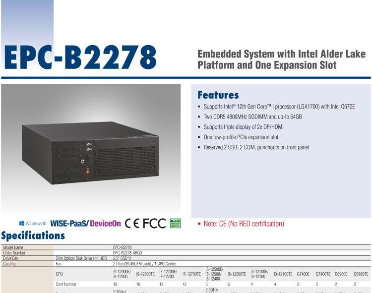 研華EPC-B2278 適配Intel 第12代 Core i 系列處理器，搭載Q670E芯片組。2U高度，精簡(jiǎn)尺寸，性能強(qiáng)勁，是小尺寸高性能場(chǎng)景的理想解決方案。