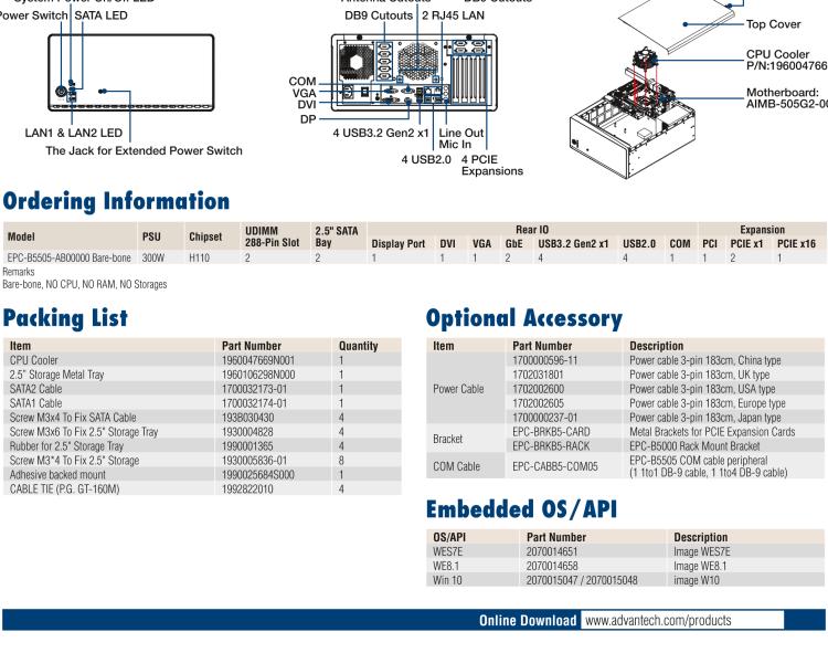 研華EPC-B5505 適配Intel? 第6/7代 Core ? i/Xeon E3系列處理器，搭載H110芯片組。標(biāo)準(zhǔn)4U上架，廣泛適用于各種行業(yè)。