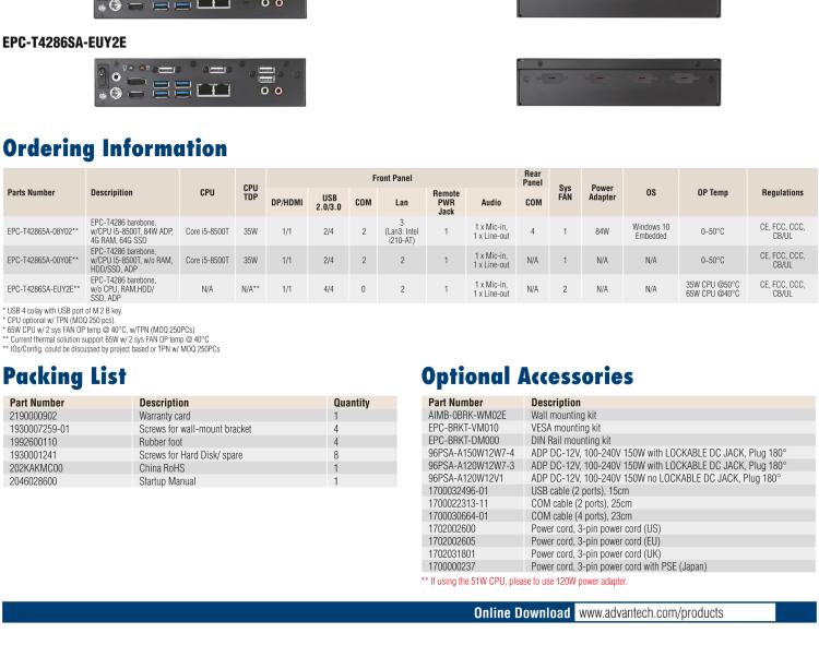 研華EPC-T4286 適配Intel? 第8/9代 Core? i 系列處理器，搭載H310芯片組。1U超薄高度，性能強勁。