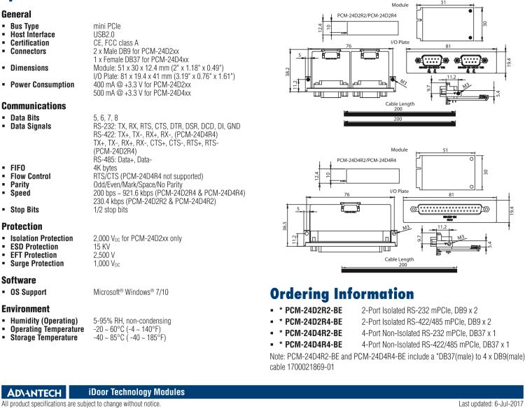 研華PCM-24D2R4 2端口隔離RS-422/485 mPCIe, DB9