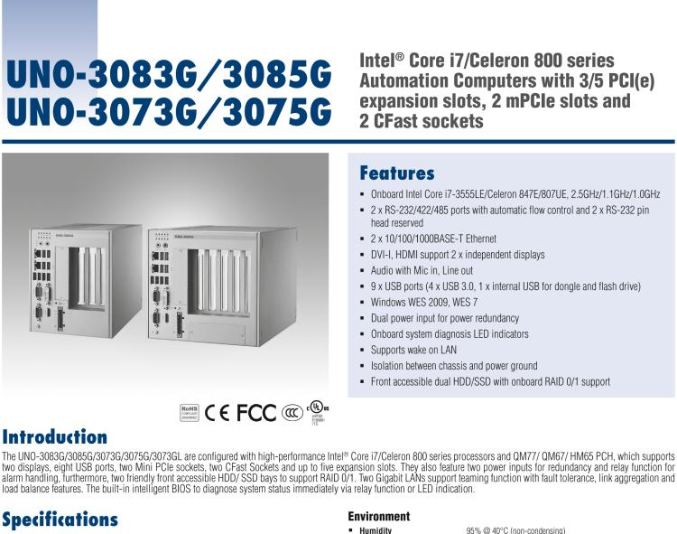 研華UNO-3085G Intel Core i-2655LE嵌入式無風扇工業(yè)電腦，帶5個PCI(e)擴展槽，2個Mini PCIe插槽，2個CFast插槽