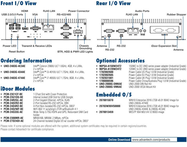 研華UNO-2483G 標準型嵌入式無風扇工業(yè)電腦，搭配Intel? Core? i7/i3/Celeron處理器，4×GbE, 3×mPCIe, HDMI/VGA