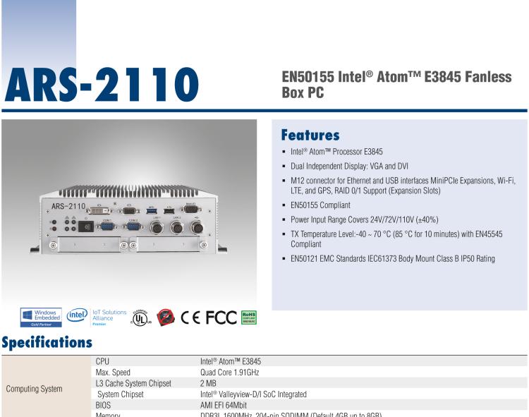 研華ARS-2110 EN50155 Intel? Atom? E3845 無風(fēng)扇設(shè)計之列車車輛控制系統(tǒng)