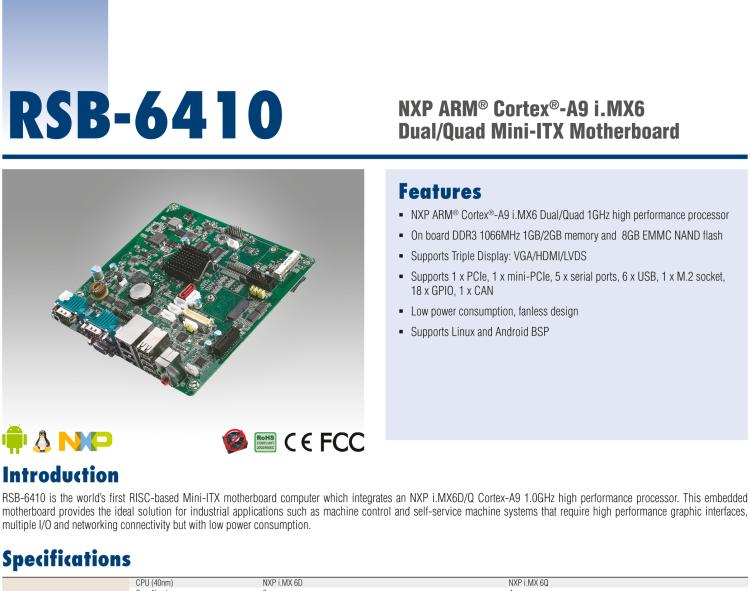 研華RSB-6410 基于NXP ARM Cortex-A9 i.MX6 Dual/Quad 的Mini-ITX工業(yè)主板， 支持Linux Yocto/Android