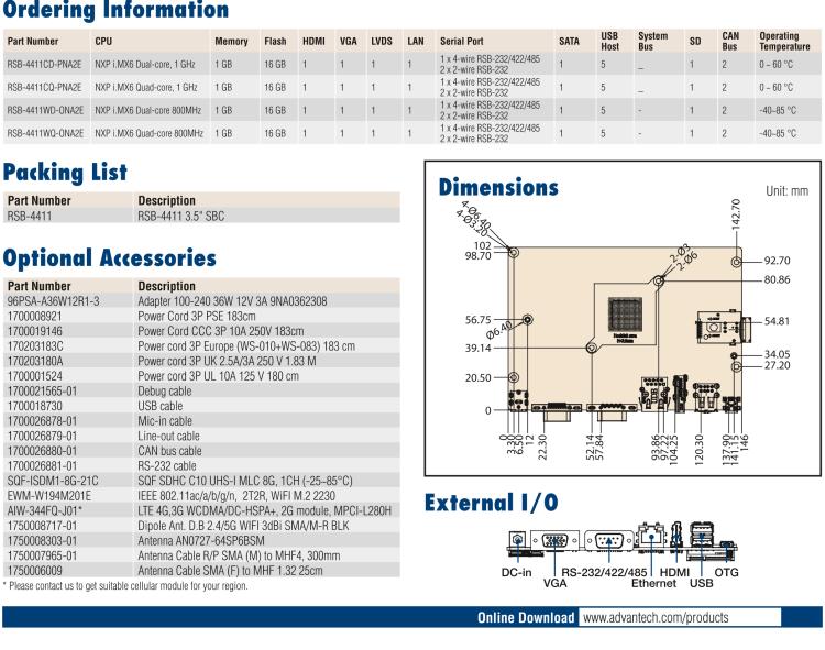 研華RSB-4411 基于NXP ARM Cortex-A9 i.MX6的3.5寸單板