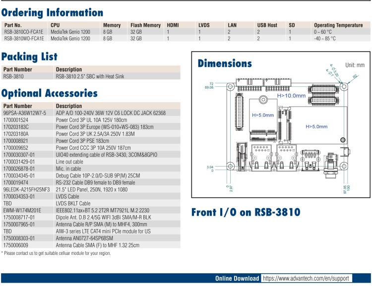 研華RSB-3810 基于聯(lián)發(fā)科Genio 1200 Cortex-A78&A55 平臺的2.5" 單板電腦, 支持 UIO40-Express擴展