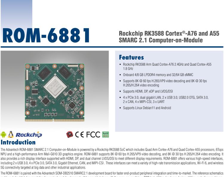 研華ROM-6881 基于瑞芯微RK3588平臺(tái)的全尺寸SMARC2.1核心模塊