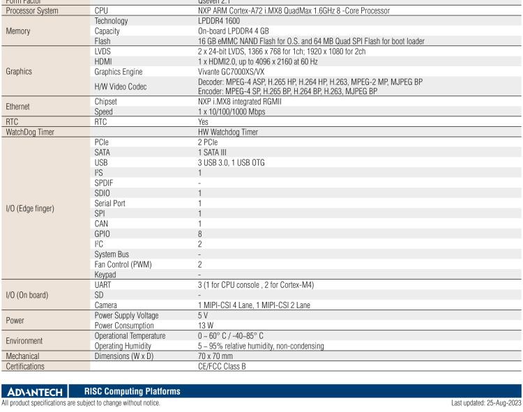 研華ROM-7720 基于NXP i.MX 8QM Qseven Arm核心模塊，多核異構(gòu)，具備優(yōu)異的計算及圖形顯示性能