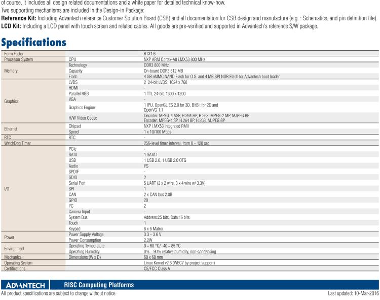 研華ROM-1210 基于NXP ARM Cortex?-A8 i.MX53 1GHz高性能處理器的RTX核心模塊，低功耗