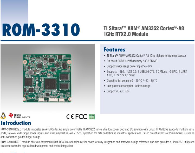 研華ROM-3310 基于TI AM3352 Cortex A8 1GHz RTX 2.0 的標(biāo)準(zhǔn)核心板，適用于寬溫抗震等工業(yè)自動(dòng)化領(lǐng)域