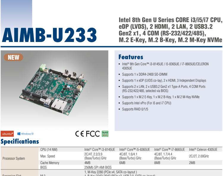 研華AIMB-U233 板載Intel 第8代 U系列 Core i3/i5/i7 處理器。低功耗高性能，無風扇設計。