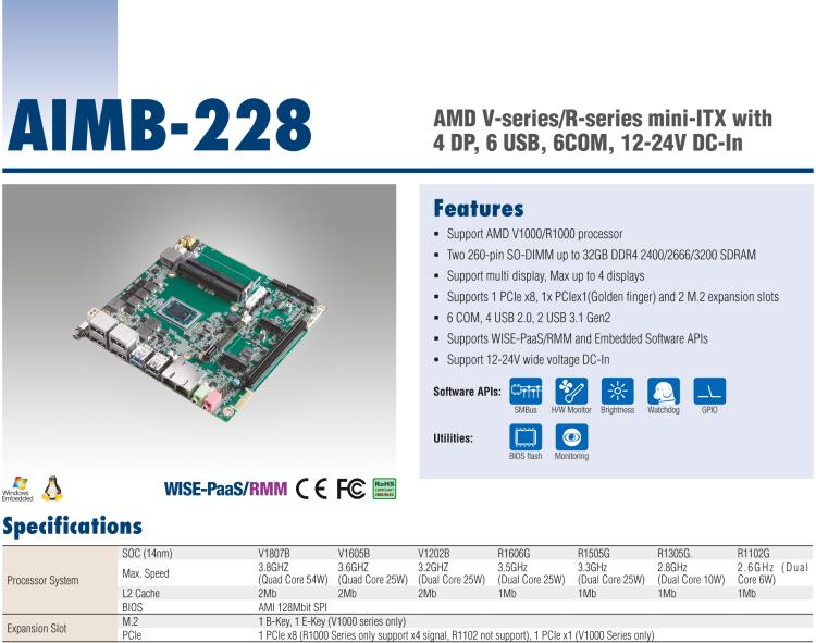 研華AIMB-228 板載AMD V系列/R系列處理器。超薄設(shè)計，支持寬壓，廣泛應(yīng)用在圖像處理、醫(yī)療影像等行業(yè)上。