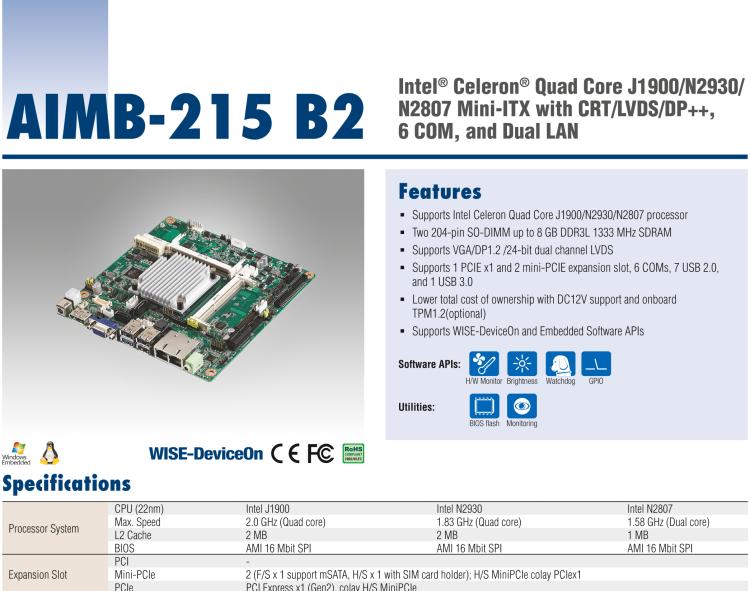 研華AIMB-215 板載Intel? 第4代 賽揚(yáng)處理器。豐富的擴(kuò)展，無風(fēng)扇設(shè)計(jì)，支持寬溫寬壓。