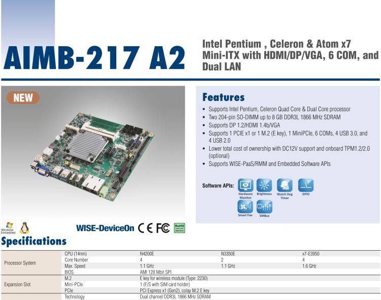 研華AIMB-217 板載Intel? 第6代 奔騰、賽揚(yáng)、凌動(dòng)系列處理器。擁有多COM和雙千兆網(wǎng)口，超薄緊湊，無(wú)風(fēng)扇設(shè)計(jì)，支持寬溫。