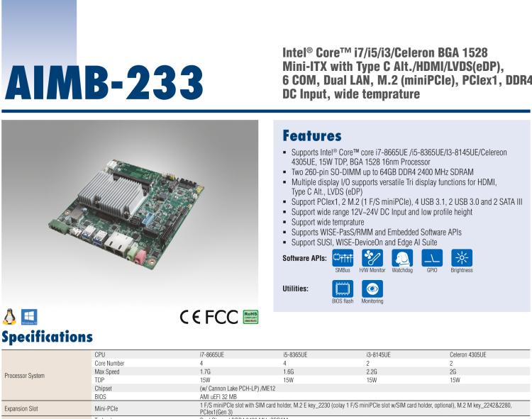 研華AIMB-233 板載Intel? 第8代 Core i 處理器。擁有Type C接口，滿足各類擴(kuò)展需求。低功耗，超薄緊湊，無風(fēng)扇設(shè)計，支持寬溫寬壓，性能強(qiáng)勁。