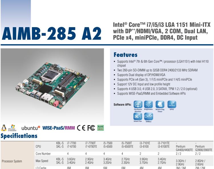 研華AIMB-285 適配Intel? 第6/7代 Core? i 處理器，搭載H110芯片組。超薄緊湊，是理想的高性價比解決方案。