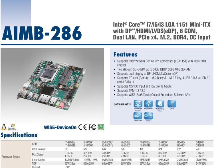 研華AIMB-286 Intel? 第8/9代 Core? i 系列處理器，搭載Intel H310芯片組。超薄設(shè)計，結(jié)構(gòu)緊湊。