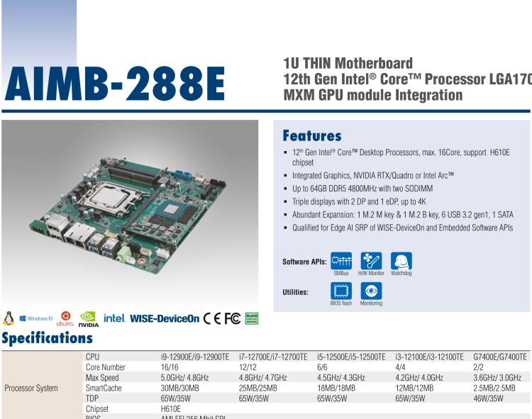 研華AIMB-288E 板載Intel 第12代 Core i 桌面級(jí)CPU。橫向顯卡插槽，搭配NVIDIA Quadro T1000 MXM顯卡。超薄散熱設(shè)計(jì)，高性能選擇方案。