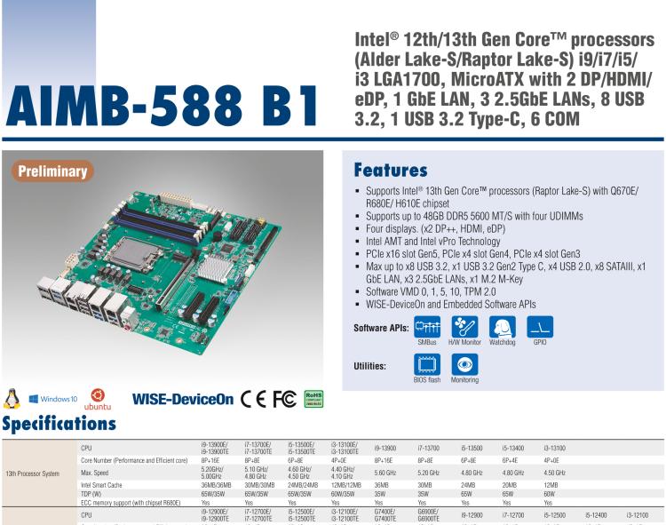 研華AIMB-588B1 適配Intel 第12/13代 Core i/奔騰系列處理器，搭載Q670E/R680E/H610E芯片組。性能可達(dá)服務(wù)器級(jí)別，獨(dú)立四顯，具備專業(yè)的圖像處理能力，是理想的行業(yè)解決方案。