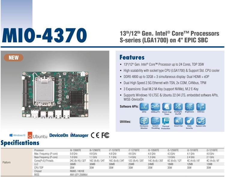 研華MIO-4370 基于第12代Intel Core處理器（Alder Lake-S系列，LGA1700 socket CPU）， 4" EPIC 單板電腦