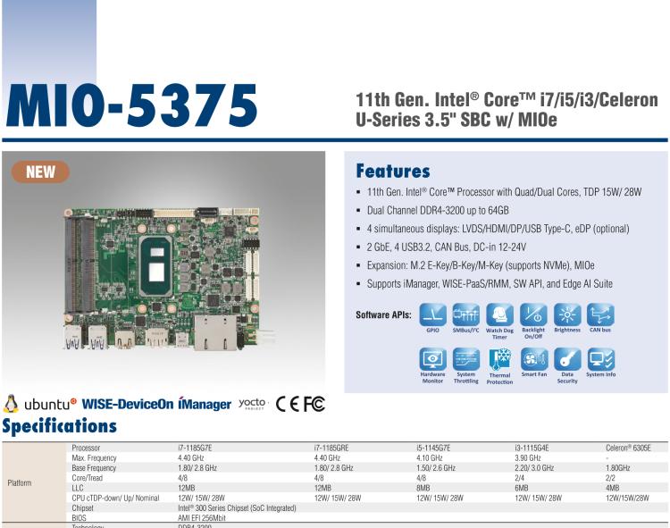 研華MIO-5375 第11代 Intel Core U 系列3.5”MI/O 單板電腦