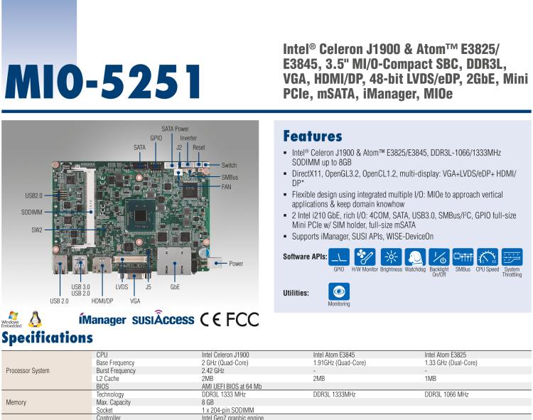 研華MIO-5251 3.5寸MIO單板電腦，采用嵌入式 Intel? Atom? E3825 &Intel? J1900處理器