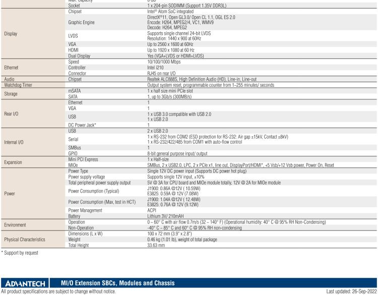 研華MIO-2263 2.5寸Pico-ITX主板，搭載Intel? Atom? SoC E3825/ J1900處理器的2.5寸Pico-ITX單板電腦，采用DDR3L內(nèi)存，支持24-bit LVDS + VGA/HDMI獨立雙顯，帶有豐富I/O接口：1個GbE、半長Mini PCIe、4個USB、2個COM、SMBus、mSATA & MIOe