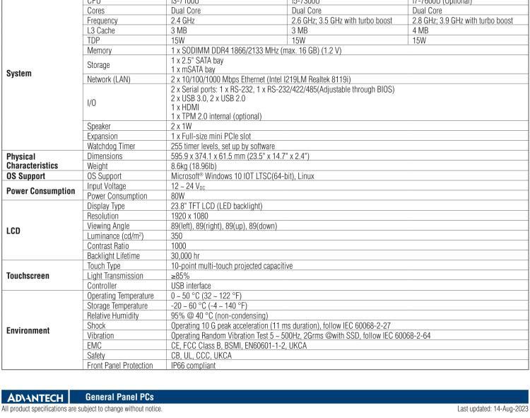 研華PPC-324W-P7 23.8" 寬屏無風扇工業(yè)平板電腦 Intel? Core? i 處理器