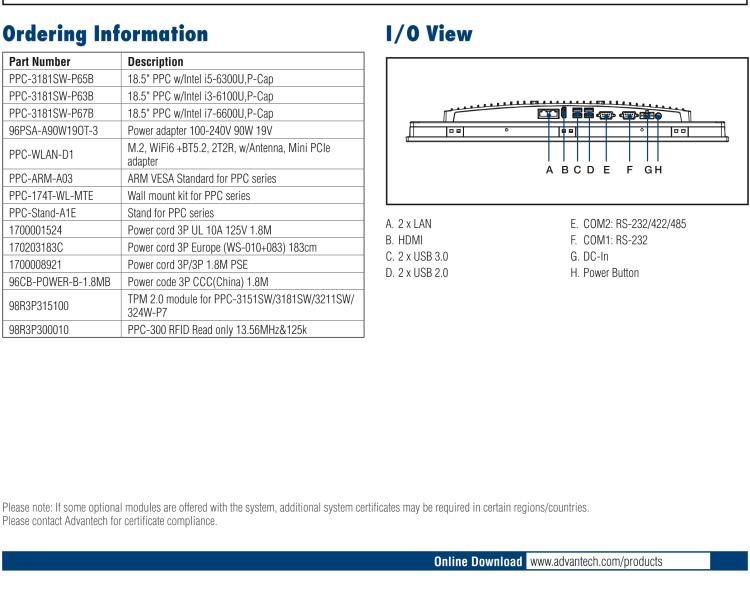 研華PPC-3181SW 18.5" 無風扇工業(yè)平板電腦, 搭載 Intel? Core? 第六代處理器