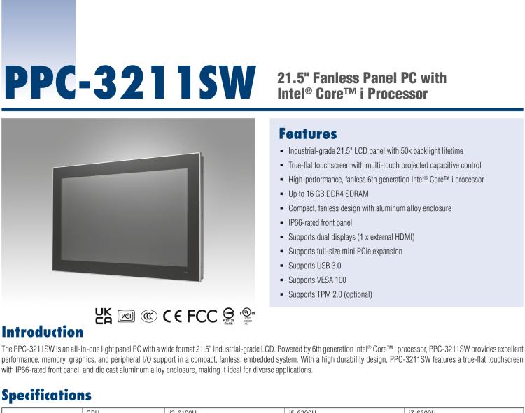 研華PPC-3211SW 21.5"無(wú)風(fēng)扇工業(yè)平板電腦, 搭載Intel? 第六代 Core? i 處理器