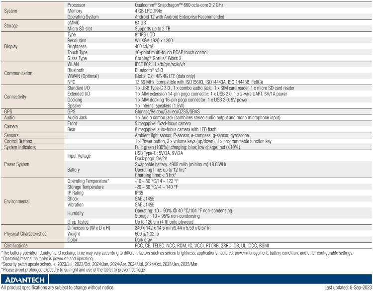 研華AIM-75S 8"RISC架構工業(yè)級移動平板電腦， 搭載高通? 驍龍? 660處理器, Android 10系統(tǒng), 并通過Google GMS認證