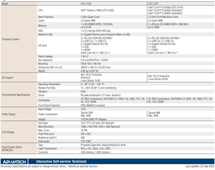 研華UTC-515F 15.6" 多功能觸控一體機(jī)，內(nèi)置Intel? Skylake Core? i3-6100U處理器