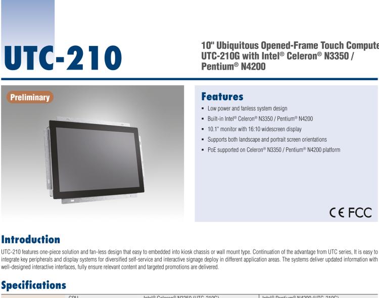 研華UTC-210G 10.1" Open Frame Panel PC with Intel? Celeron? N3350 /Pentium? N4200