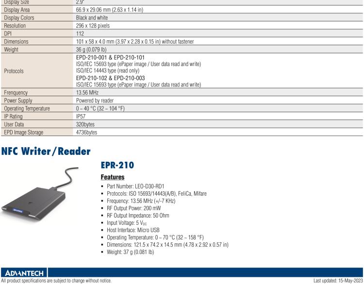 研華EPD-210 2.9" 電子紙解決方案，NFC、無(wú)電池，用于倉(cāng)庫(kù)、物流箱和名片。