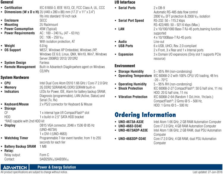 研華UNO-4673A Intel? Atom ? D510 變電站專用機(jī)，帶6×LAN, 2×COM, 3×擴(kuò)展槽