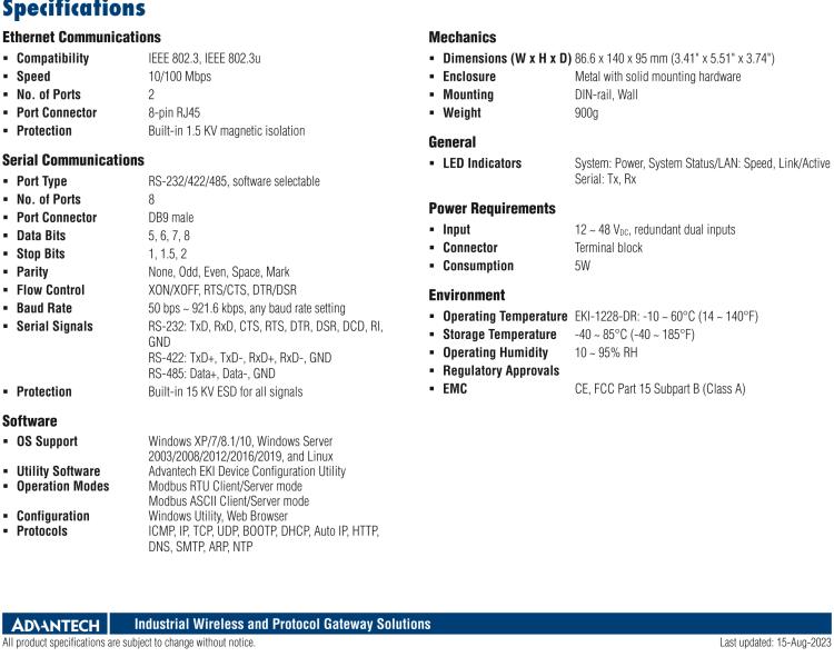 研華EKI-1228-DR 8-Port Modbus Gateway