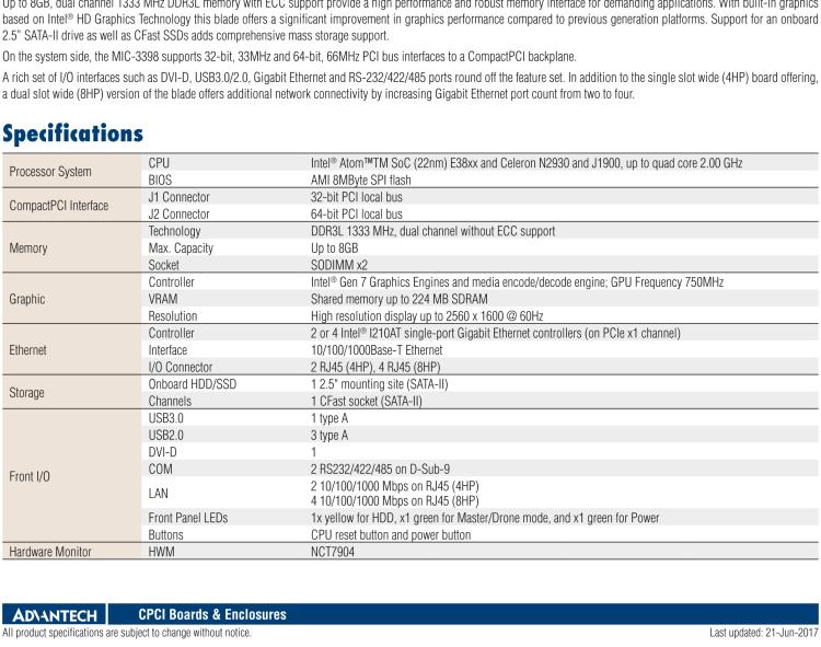 研華MIC-3398 基于Intel?Atom?處理器6U CompactPCI 刀片計算機