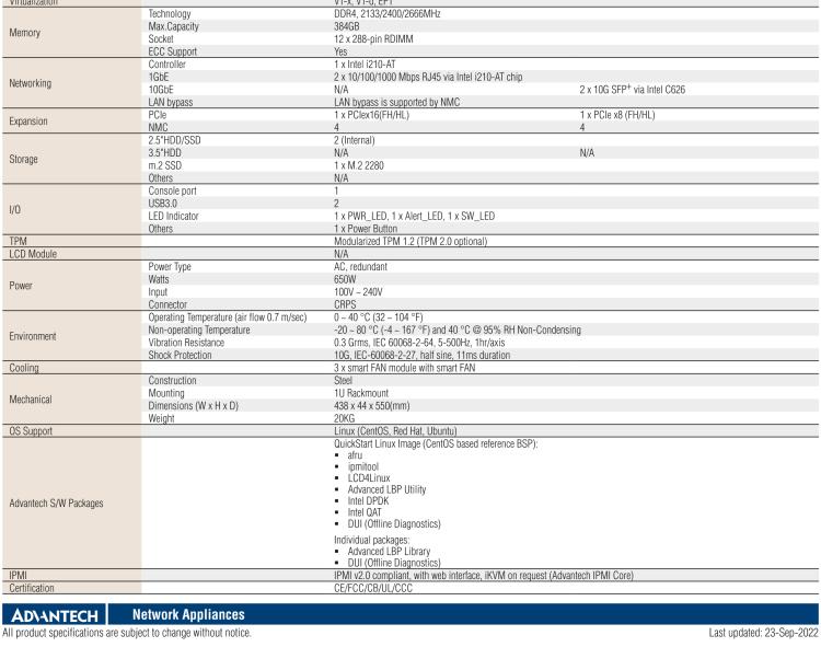 研華FWA-5070 基于Intel?Xeon?處理器可擴展系列1U機架式網(wǎng)絡應用平臺，最高支持4個NMC插槽