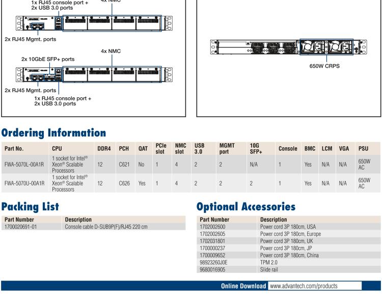 研華FWA-5070 基于Intel?Xeon?處理器可擴展系列1U機架式網(wǎng)絡應用平臺，最高支持4個NMC插槽