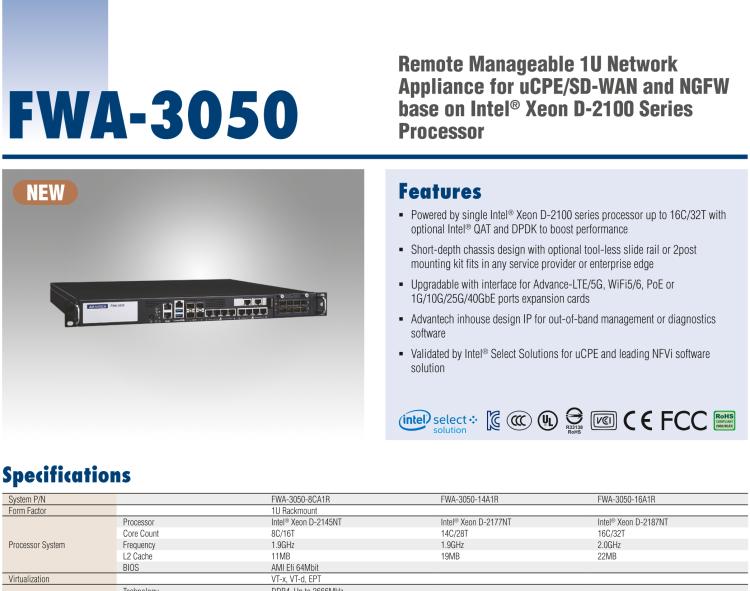 研華FWA-3050 基于Intel?Xeon D-2100系列處理器，用于uCPE和下一代防火墻的遠(yuǎn)程可管理1U網(wǎng)絡(luò)應(yīng)用平臺(tái)