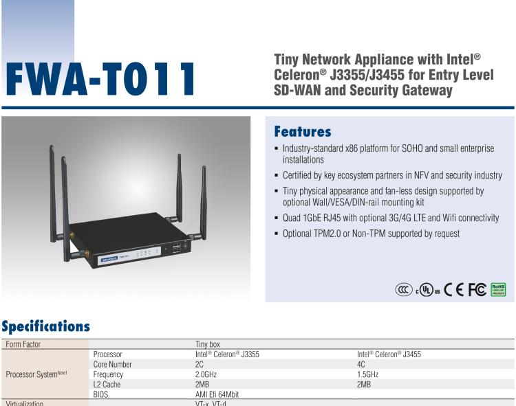 研華FWA-T011 基于Intel? Celeron? N3350/J3455 入門級SD-WAN，安全網(wǎng)關微型網(wǎng)絡應用平臺