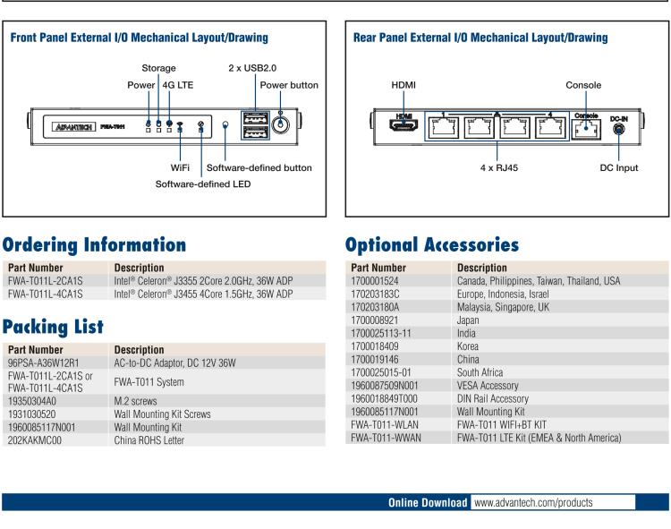 研華FWA-T011 基于Intel? Celeron? N3350/J3455 入門級SD-WAN，安全網(wǎng)關微型網(wǎng)絡應用平臺