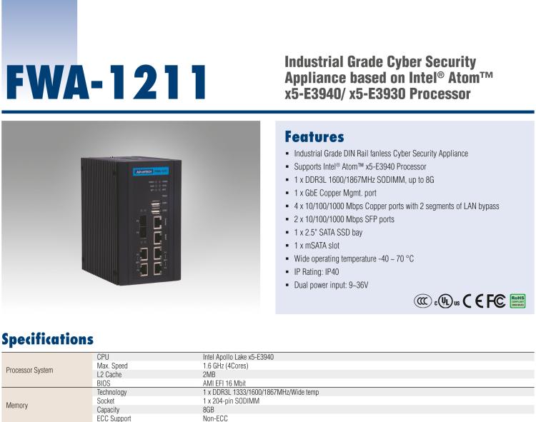 研華FWA-1211 Industrial Grade Cyber Security Appliance based on Intel? Atom? x5-E3940/ x5-E3930 Processor