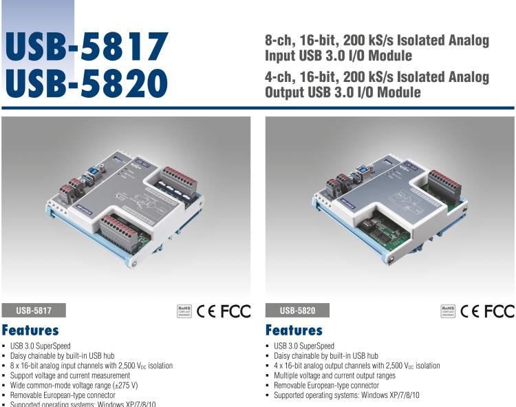研華USB-5817 8通道，16位，200 kS / s隔離模擬輸入USB 3.0 I / O模塊
