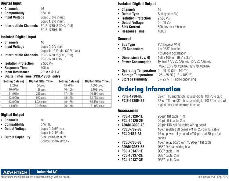 研華PCIE-1730 PCI Expresscard擴(kuò)展接口，支持32通道隔離DIO和TTL DIO