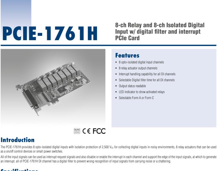 研華PCIE-1761H 8通道繼電器和8通道隔離式數(shù)字輸入，帶數(shù)字濾波器和中斷PCIe卡