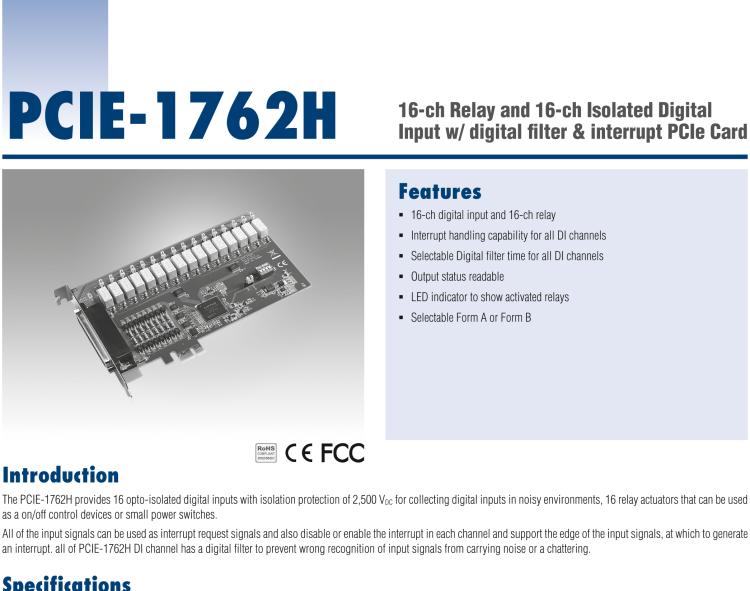 研華PCIE-1762H 16 通道繼電器和 16 通道隔離數(shù)字輸入，帶數(shù)字濾波器和中斷 PCIe 卡