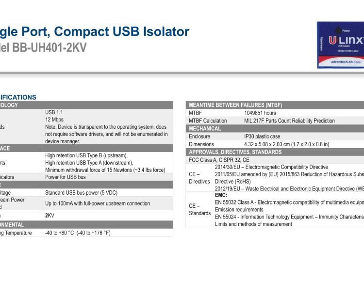 研華BB-UH401-2KV USB 2.0 2 kV隔離器，1端口，12 Mbps全速