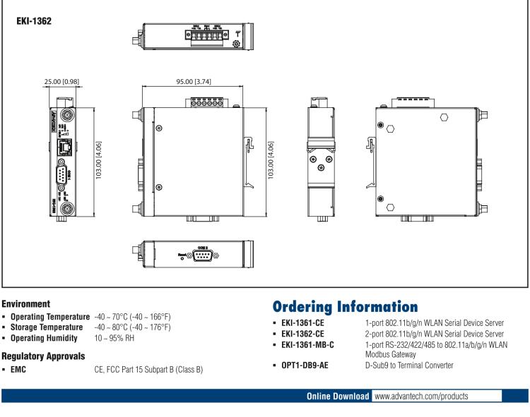 研華EKI-1361-MB 1-port RS-232/422/485 to 802.11 a/b/g/n WLAN Modbus Gateway