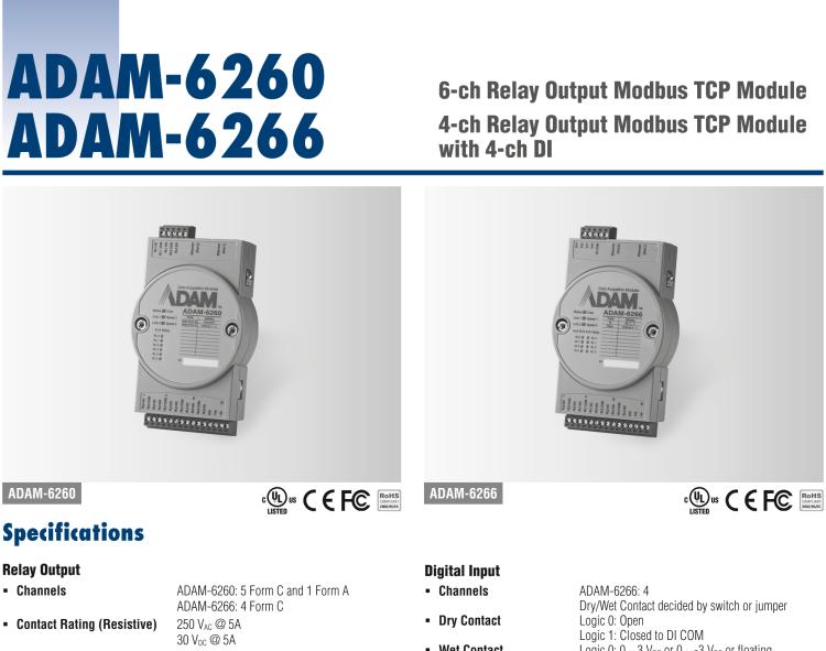 研華ADAM-6266 支持Modbus TCP的4路繼電器輸出模塊，帶4路DI